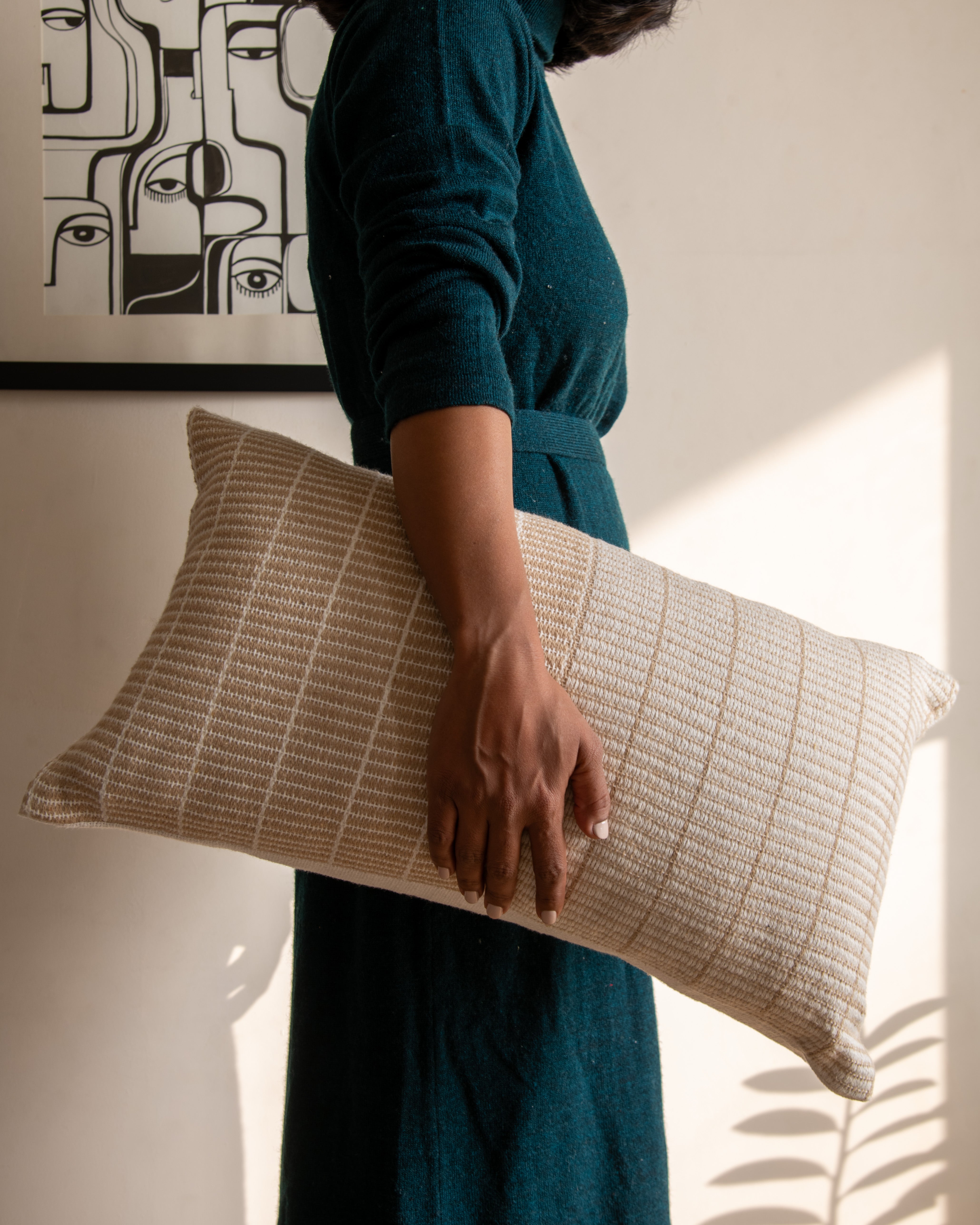 Beige & White Strips Woven Cushion Cover, 12 Inch x 20 Inch