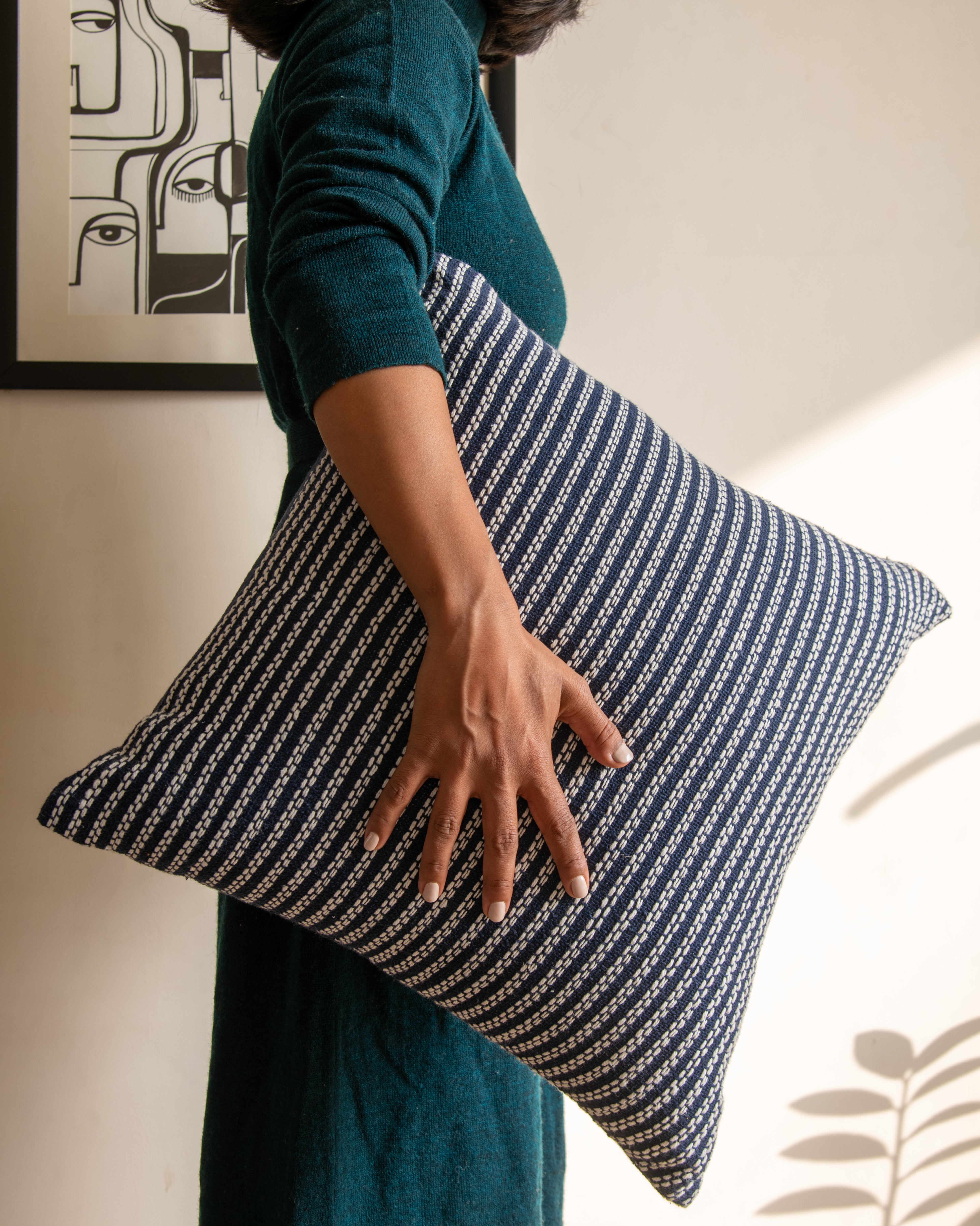 Blue Woven Cushion Cover, 18 Inch x 18 Inch