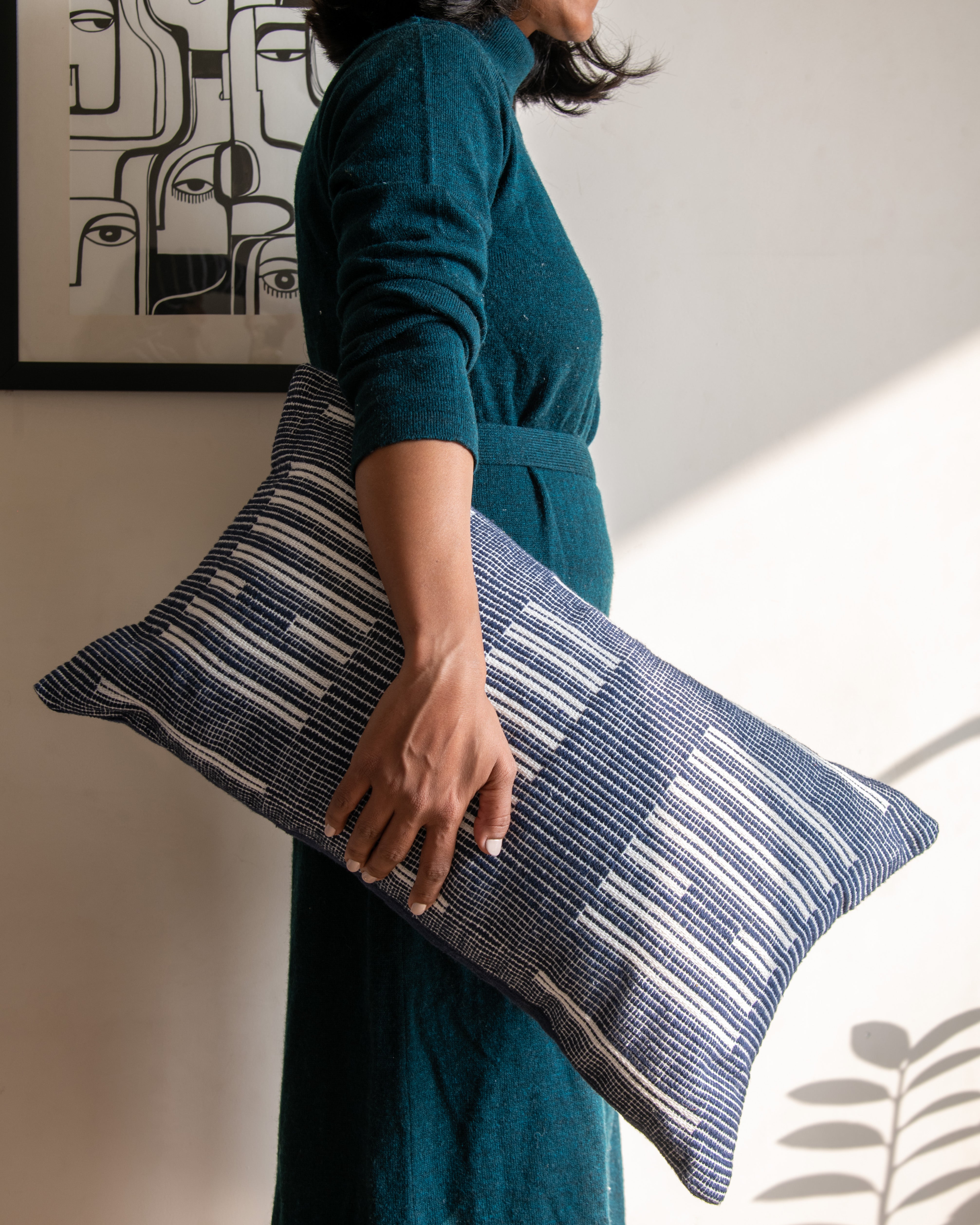 Blue Woven Cushion Cover, 12 Inch x 20 Inch