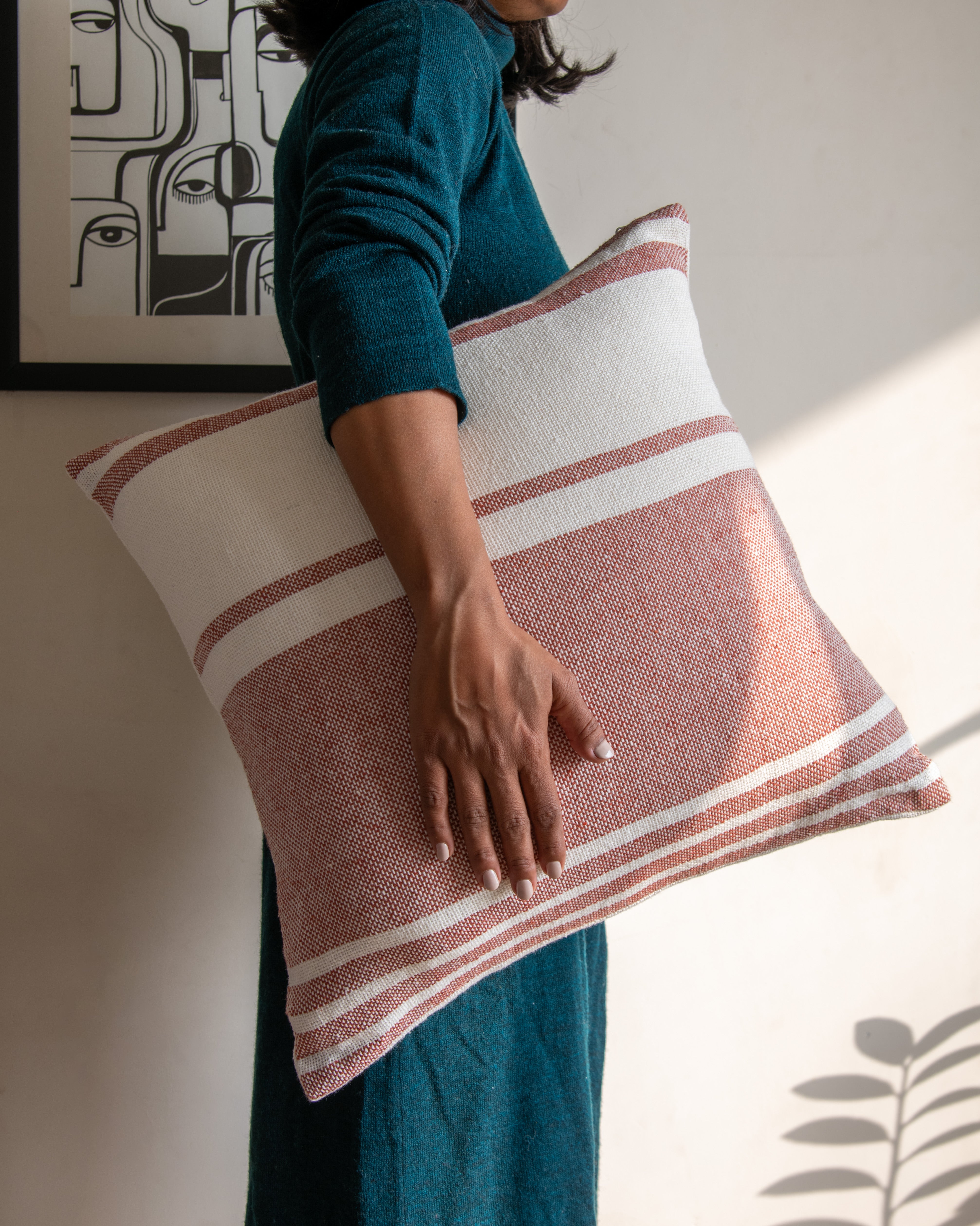 Red & White Strips Woven Cushion Cover, 18 Inch x 18 Inch