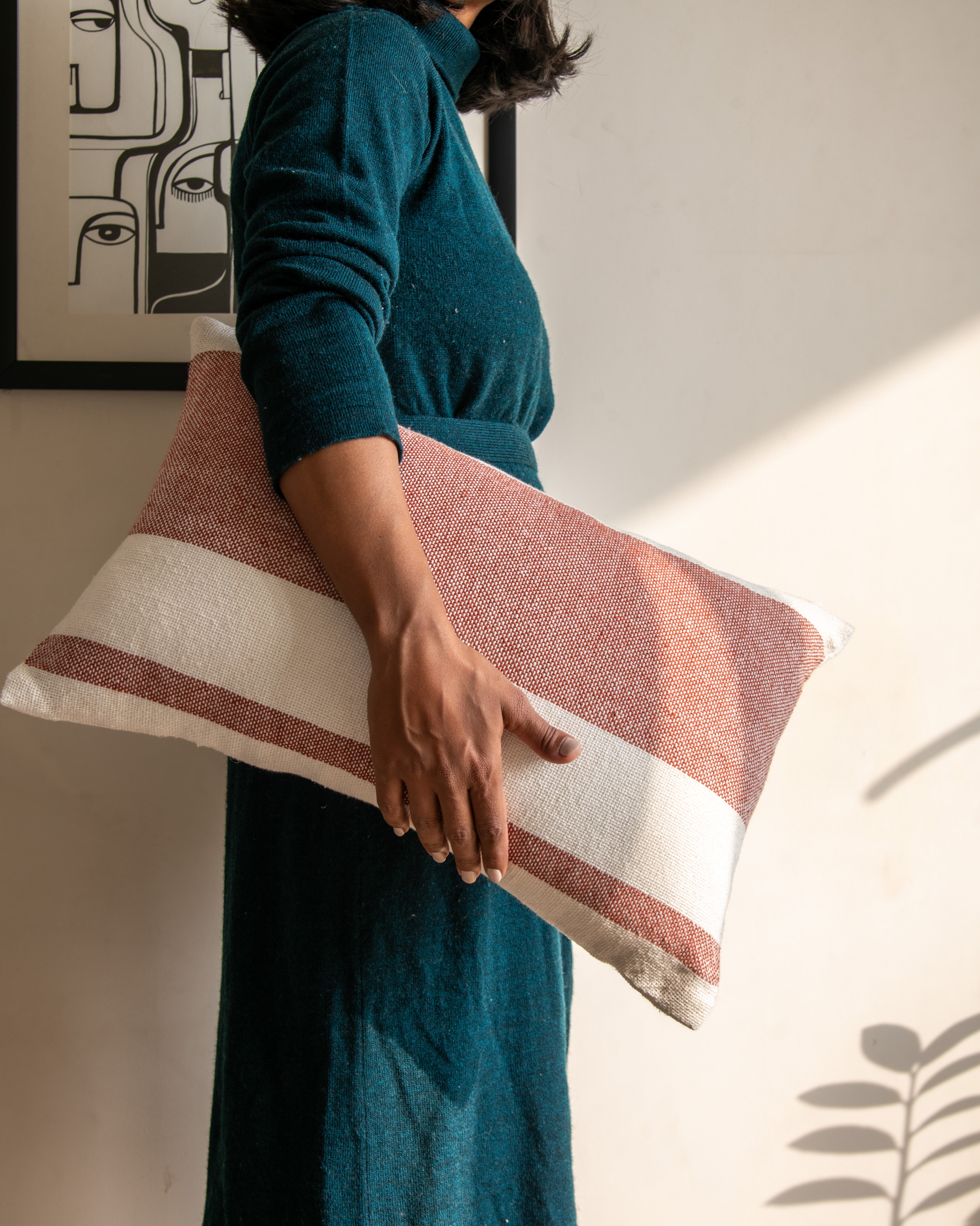 Red & White Strips Woven Cushion Cover, 12 Inch x 20 Inch